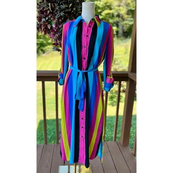 New York & Company Dresses & Skirts - NWT New York & Company Rainbow Stripe Maxi Shirt Dress + Slip L
